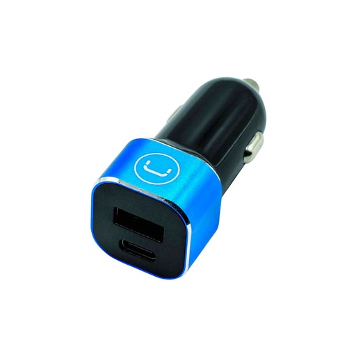 [PW5025BK] Cargador Unno Tekno PW5025BK para Carro Dual USB-C USB-A 28W Negro/Celeste