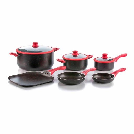 [PI009BMB] Batería de Cocina Picca BARI 9 Piezas Marmol Gris Stone Rojo